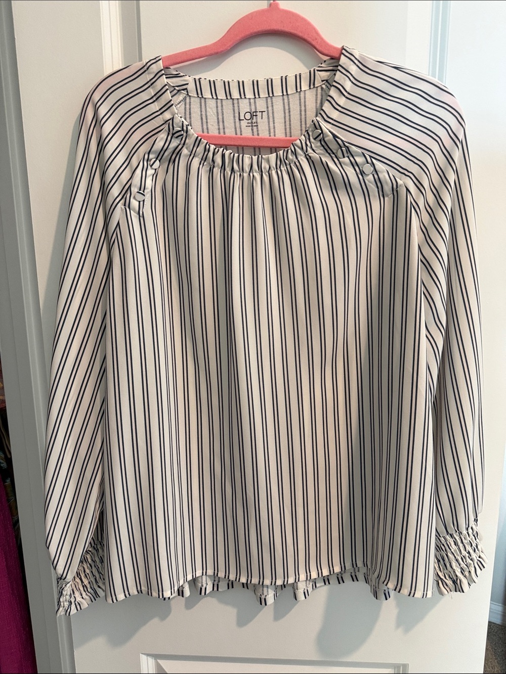 LOFT Cream Blouse with Navy Vertical Stripes